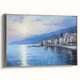 Framed canvas depicting a vintage-style Mediterranean seascape in muted gold and black tones, suitable for bedroom wall art.