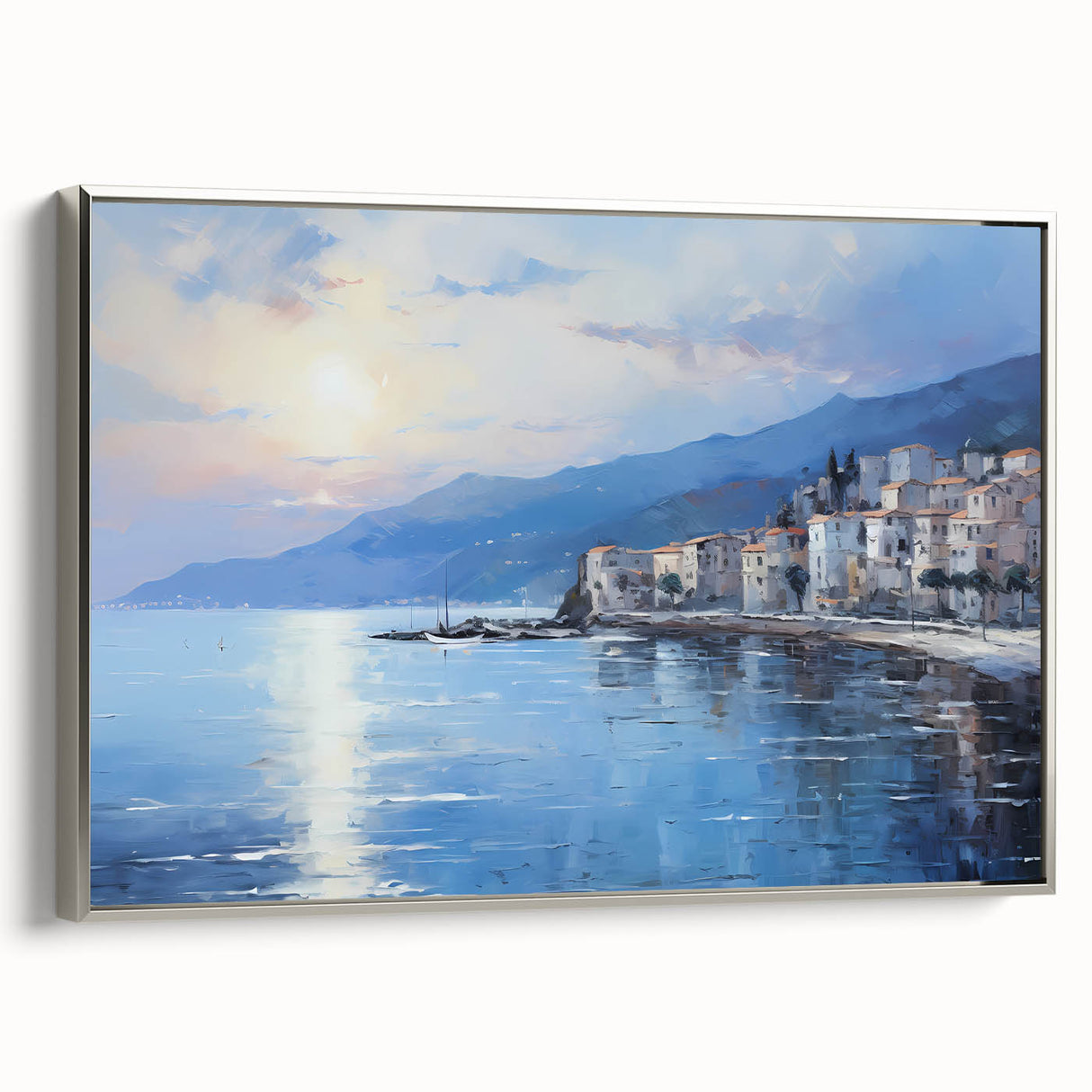 Framed canvas of a vintage-style Mediterranean landscape painting with muted blue and silver tones.