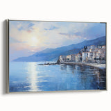 Framed canvas of a vintage-style Mediterranean landscape painting with muted blue and silver tones.