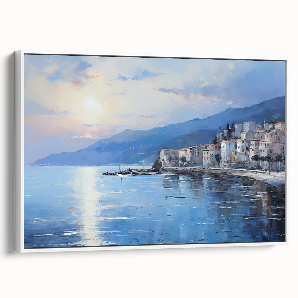 Vintage poster art of the Mediterranean Sea, with colorful palette on white framed canvas, ideal for living room decor.