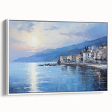 Vintage poster art of the Mediterranean Sea, with colorful palette on white framed canvas, ideal for living room decor.
