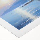 Art deco poster of the Mediterranean Sea in muted blue tones on rolled canvas, ideal for dining room wall art.
