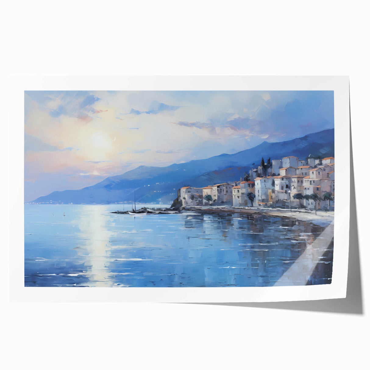 Extra large rolled print of a Mediterranean seaside village, using muted earth tones, ideal for art wall dining room.