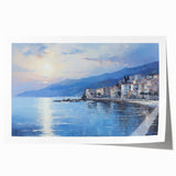 Extra large rolled print of a Mediterranean seaside village, using muted earth tones, ideal for art wall dining room.