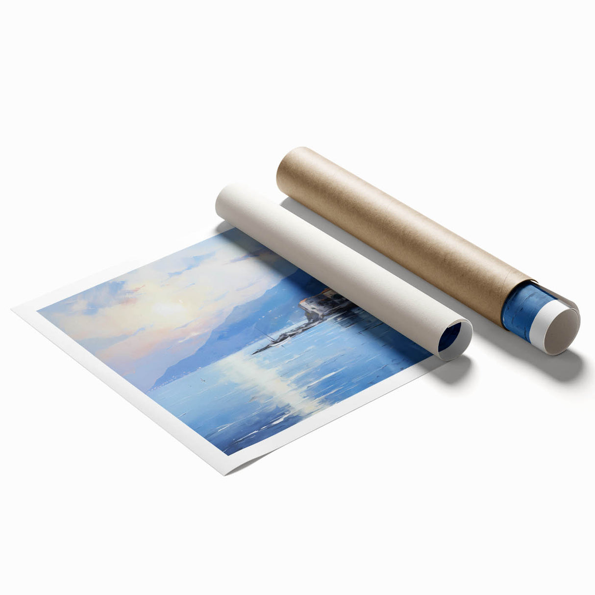 Extra large rolled print of a Mediterranean seascape with vibrant blue waters and floral accents.
