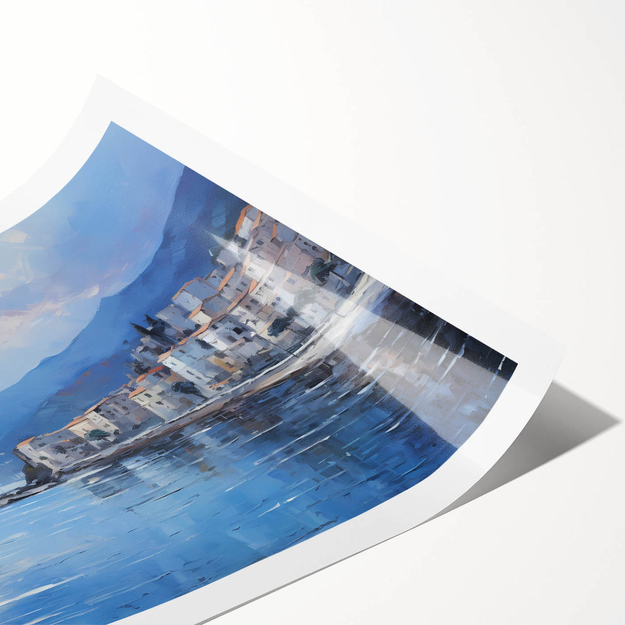 Extra large wall art featuring line art flowers over a Mediterranean sea backdrop, printed on rolled canvas.