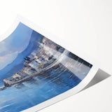 Extra large wall art featuring line art flowers over a Mediterranean sea backdrop, printed on rolled canvas.
