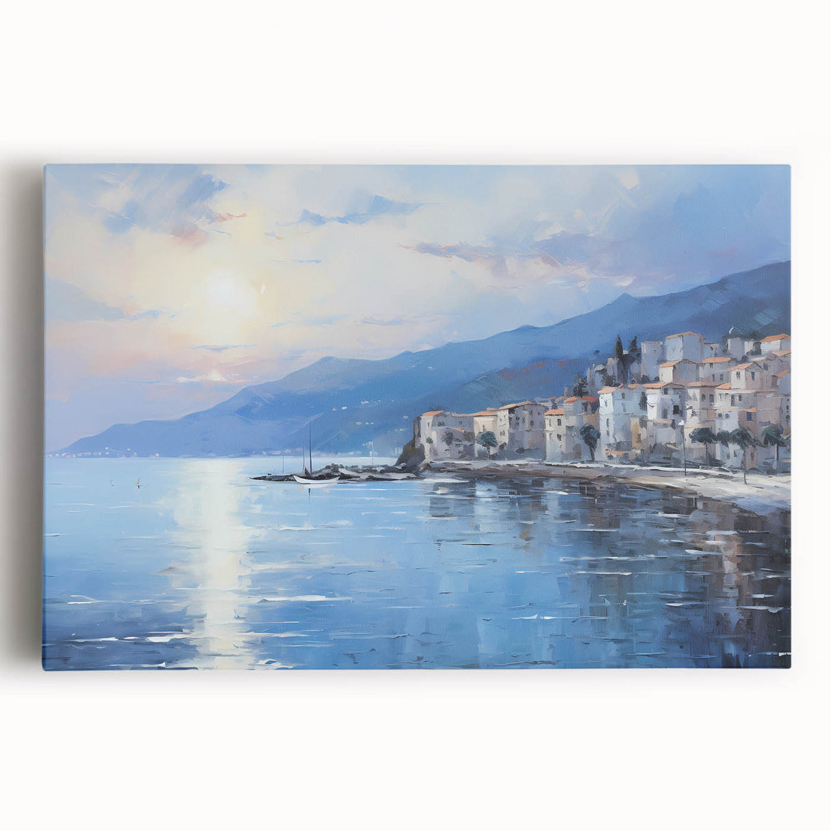 Black and white stretched canvas of the Mediterranean Sea, ideal for kitchen wall art.