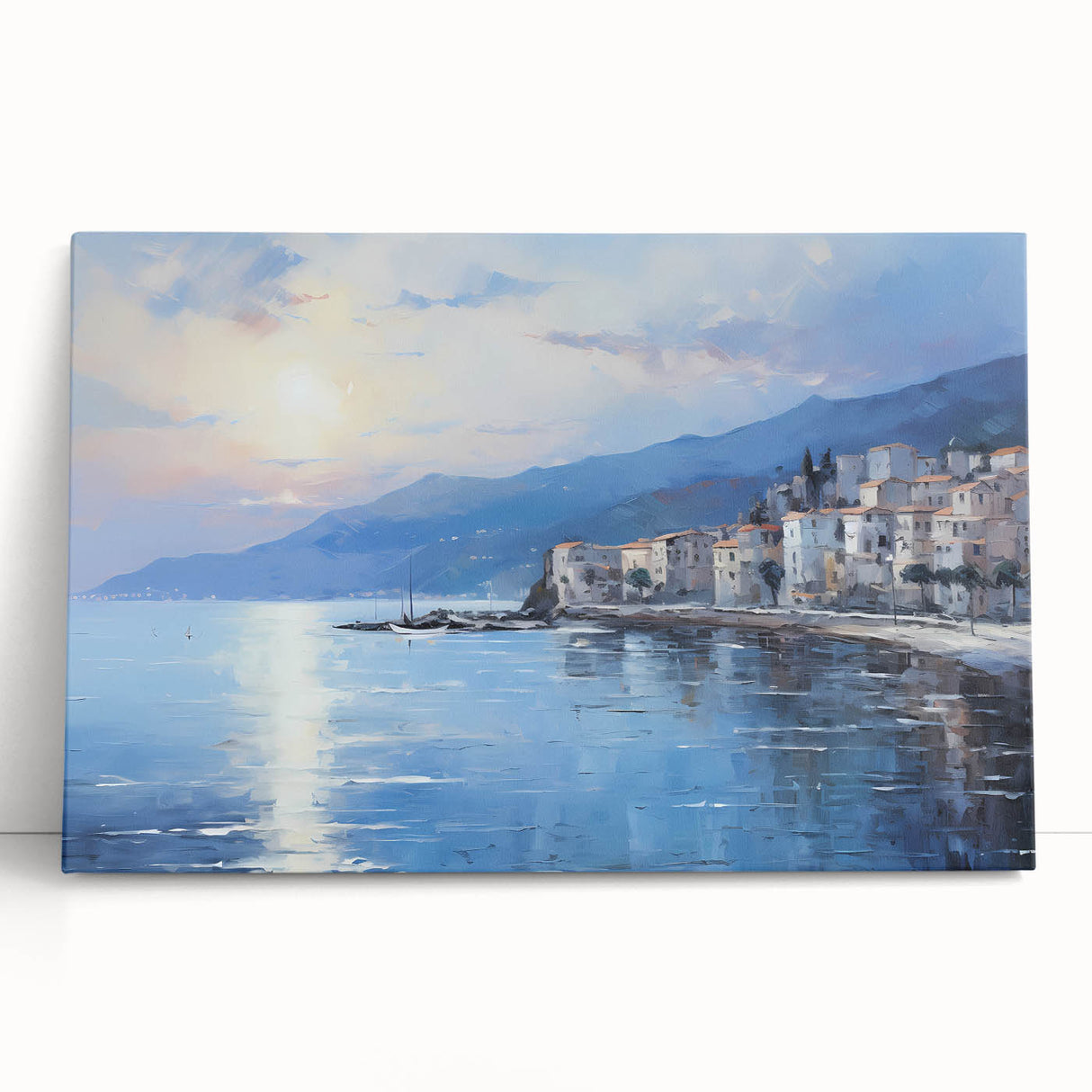 Large black and white stretched canvas of a Mediterranean seaside town, suitable as kitchen wall art.