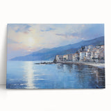 Large black and white stretched canvas of a Mediterranean seaside town, suitable as kitchen wall art.