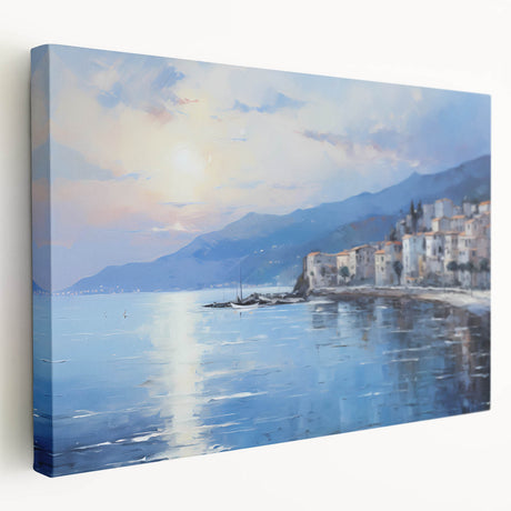 Large stretched canvas featuring a Mediterranean Sea landscape in vibrant blue and white tones.