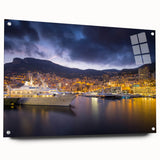 Acrylic print of a large abstract depiction of Monaco, featuring cool blue and teal tones.