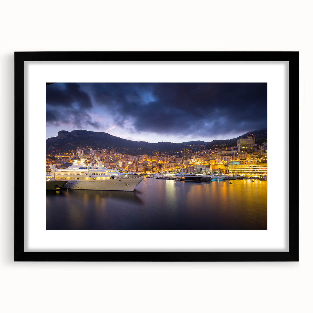 Extra large, textured abstract art print of colorful Monaco scenery in a black frame with mat, ideal for living room decor.