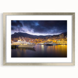 Extra large abstract art print of Monaco scenery in textured style, using muted earth tones on a silver-framed canvas.