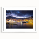 Textured abstract art print of Monaco scenery in muted earth tones, framed with a white mat, ideal for bedroom art.