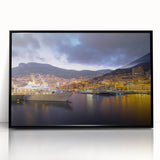 Large abstract wall art depicting a Monaco scenery in mid-century modernist style, framed in black acrylic.