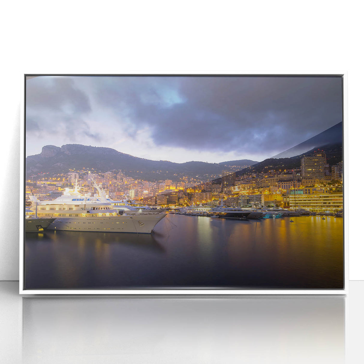 Art deco poster of Monaco scenery with muted blue and white tones on framed acrylic, ideal for modern art wall decor.