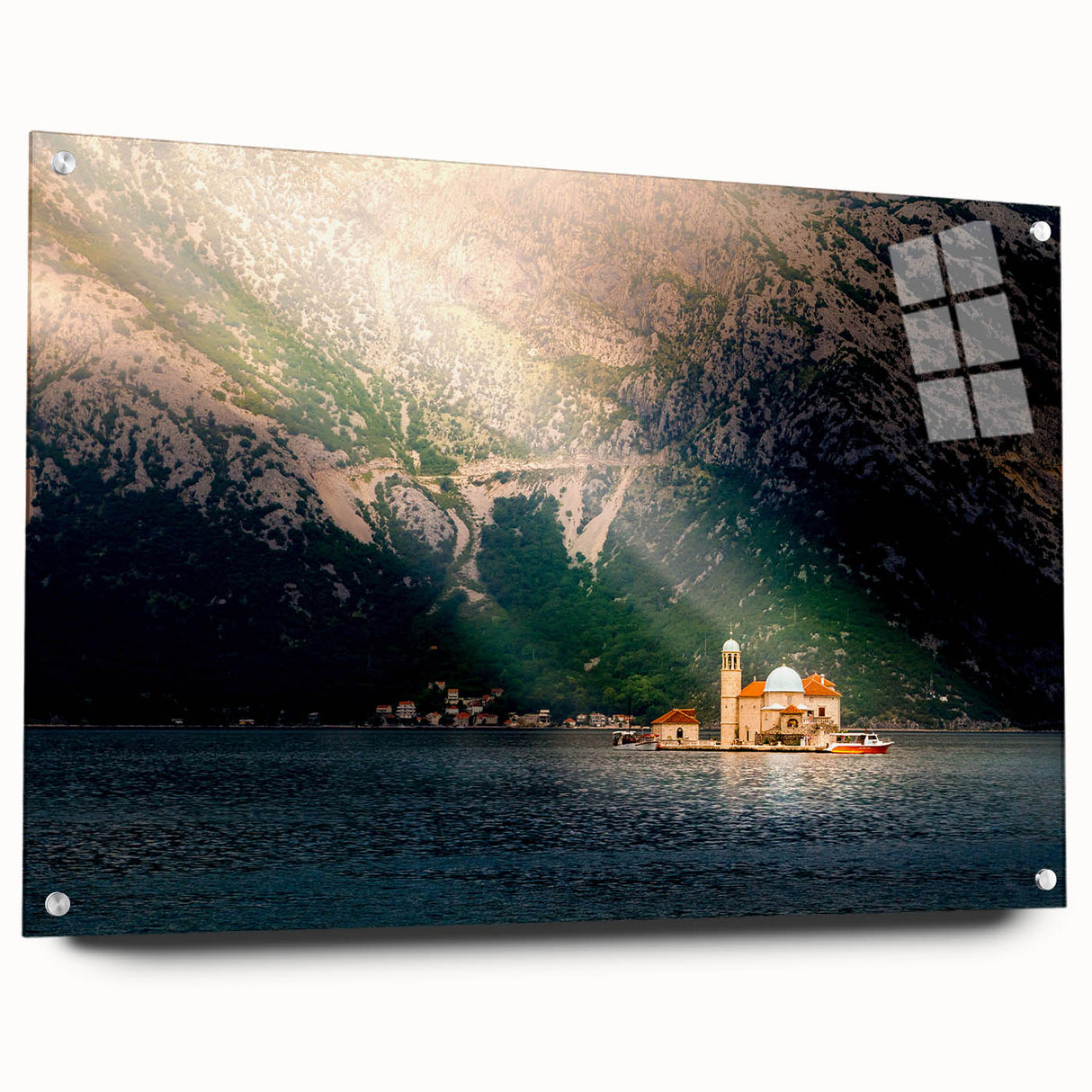 Acrylic glass print of a Montenegro landscape in muted blues and greens, ideal for dining room decor.