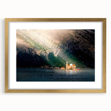 Abstract art print of a Montenegro scenery in muted earth tones, gold-framed with mat.