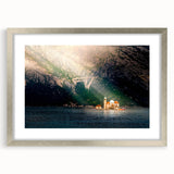 Extra large framed wall art depicting an abstract Montenegro scenery in textured silver, ideal for living room decor.