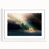 Abstract textured art print depicting a Montenegro landscape in muted earth tones on a framed white mat.