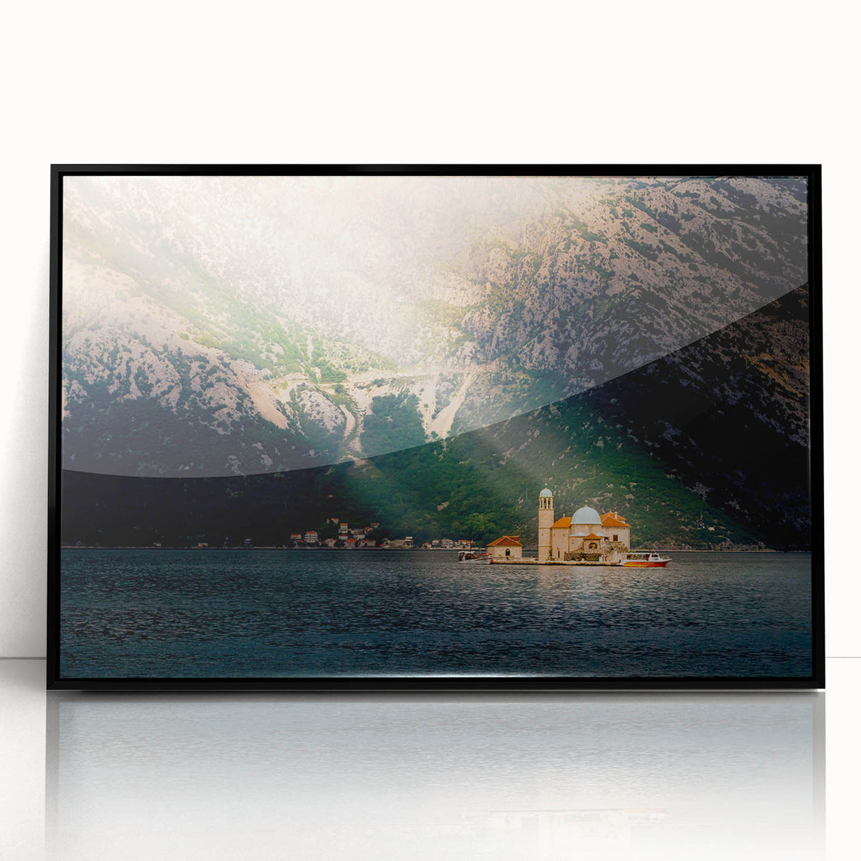 Large abstract wall art depicting a European Montenegro scenery in muted earth tones on a framed acrylic panel.