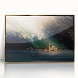 Art deco poster featuring a European Montenegro landscape in muted gold tones on a framed acrylic.