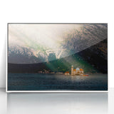 Mid-century modernist art depicting Montenegro scenery in muted colors on a framed acrylic, ideal for nursery wall decor.