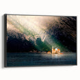 Black and white framed canvas of a Montenegro landscape in vintage poster style, ideal for bedroom wall art.