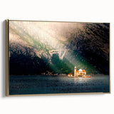 Framed canvas featuring a vintage-style landscape painting of Montenegro with gold and black tones.
