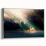 Landscape art painting of a European scene in Montenegro on a silver-framed canvas.