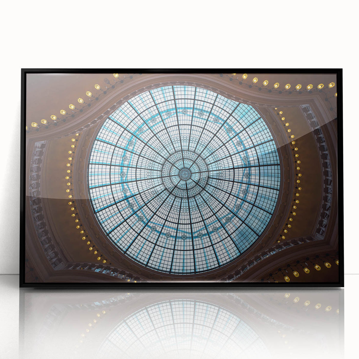 Large abstract wall art depicting Amsterdam's canal scene in muted gray and blue tones, framed in black acrylic.