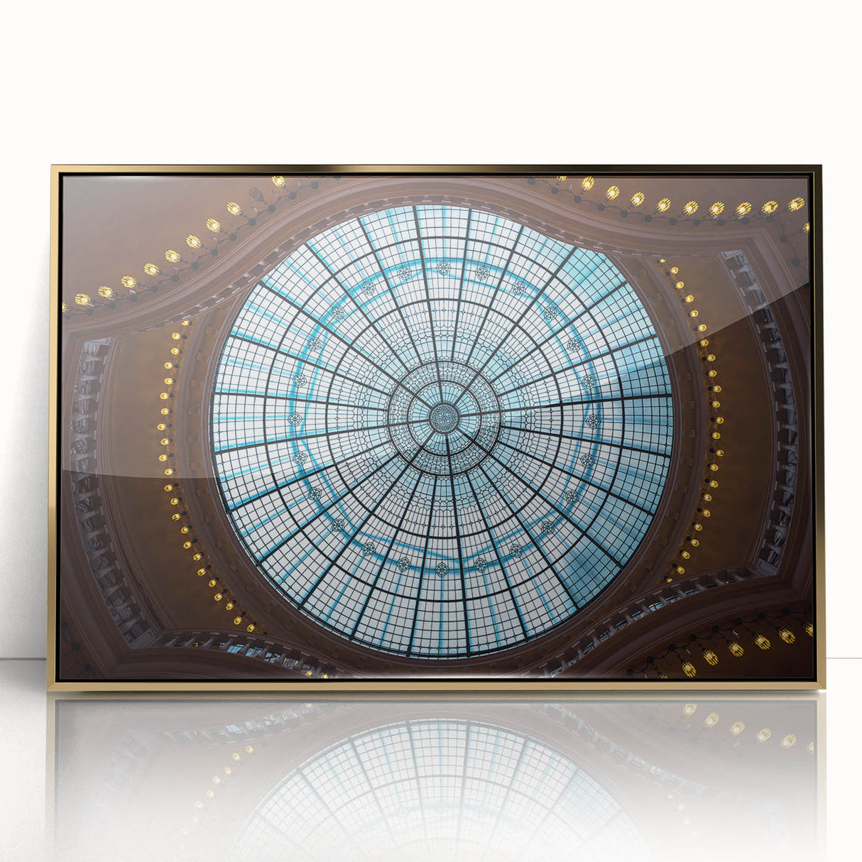 Art Deco style poster of Amsterdam scenery in acrylic frame, featuring muted gold and blue tones.