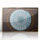 Art Deco style poster of Amsterdam scenery in acrylic frame, featuring muted gold and blue tones.