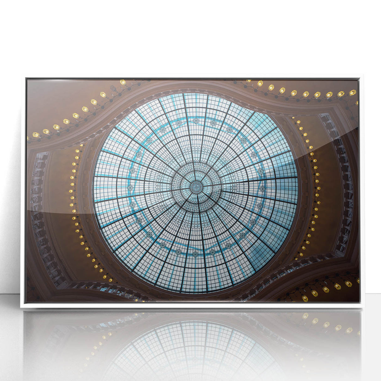 Mid-century modernist art depicting Amsterdam canals in muted blue and gray tones on a framed acrylic.