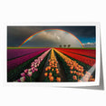 Rolled print of a Dutch landscape with tulip fields in vibrant hues of red and yellow, ideal for art wall dining room.