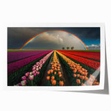 Rolled print of a Dutch landscape with tulip fields in vibrant hues of red and yellow, ideal for art wall dining room.
