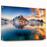 Acrylic glass print of a Norwegian landscape with vivid blue and green tones, suitable for bedroom or dining room decor.