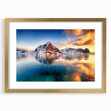 Abstract art print depicting a serene Norwegian landscape in muted blue and green tones, framed in gold.