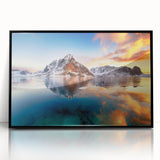 Large abstract wall art depicting a serene Norwegian landscape in muted earth tones, framed in black acrylic.