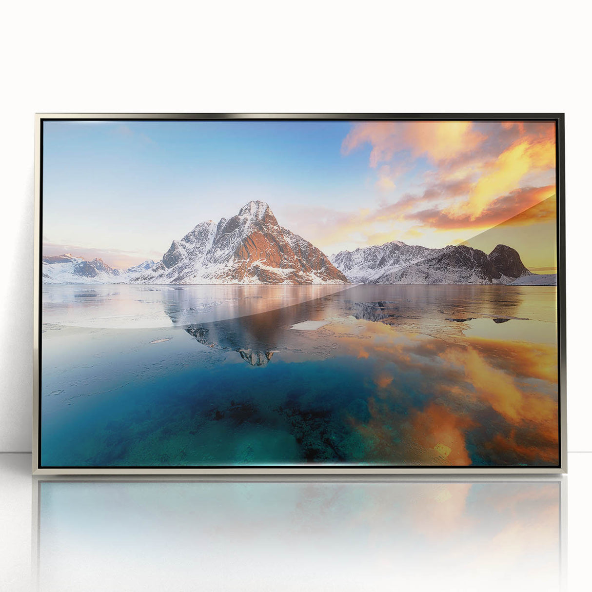 Acrylic print of a serene Norwegian landscape in muted blue and green hues, framed in silver.