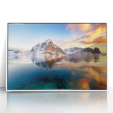 Mid-century modernist art depicting a serene Norwegian landscape in muted earth tones on a framed acrylic panel.