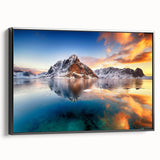 Black and white framed canvas of a Norwegian landscape, with vintage poster art style, ideal for bedroom wall decor.