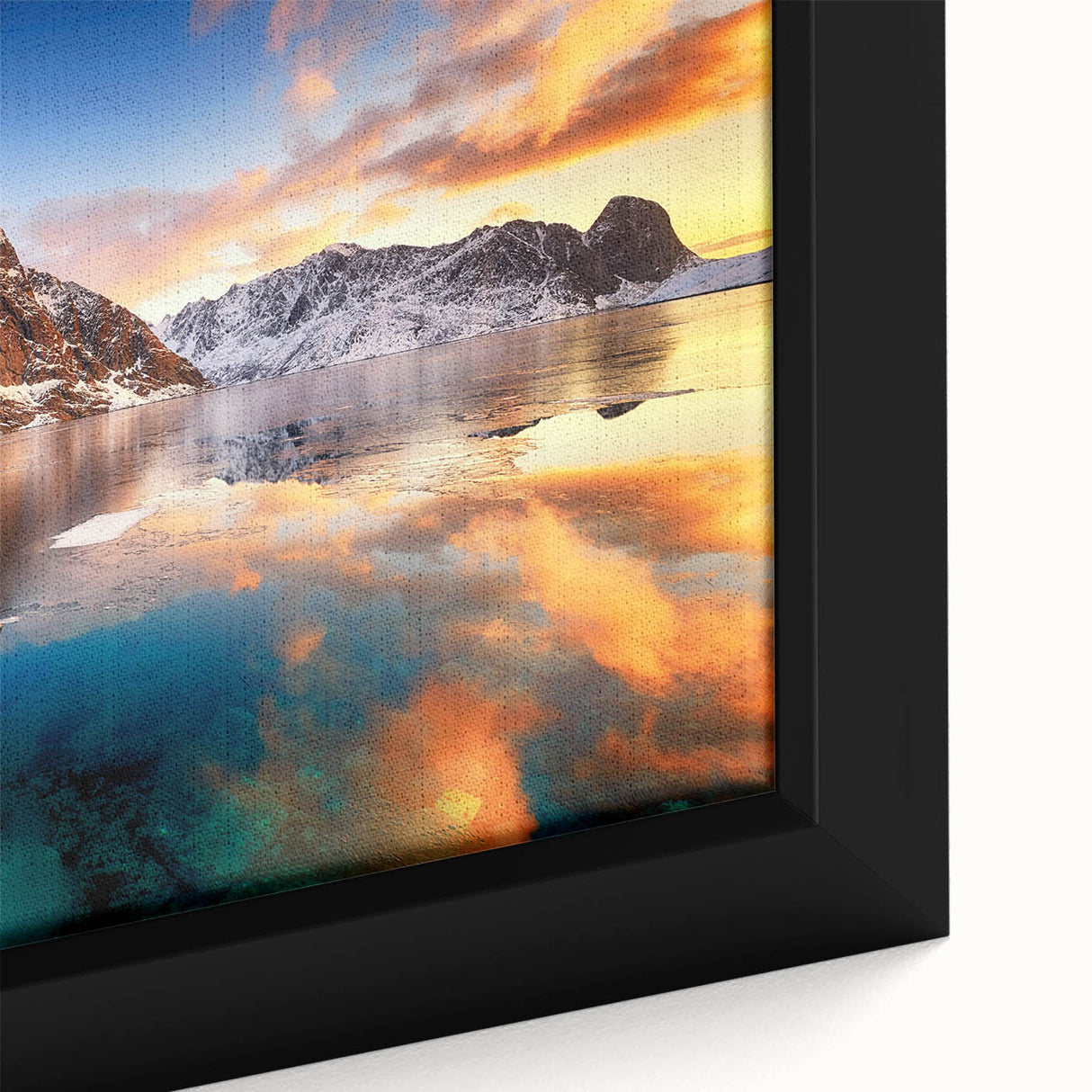 Framed canvas featuring a textured, colorful depiction of a European Norway scenery, ideal for living room decor.