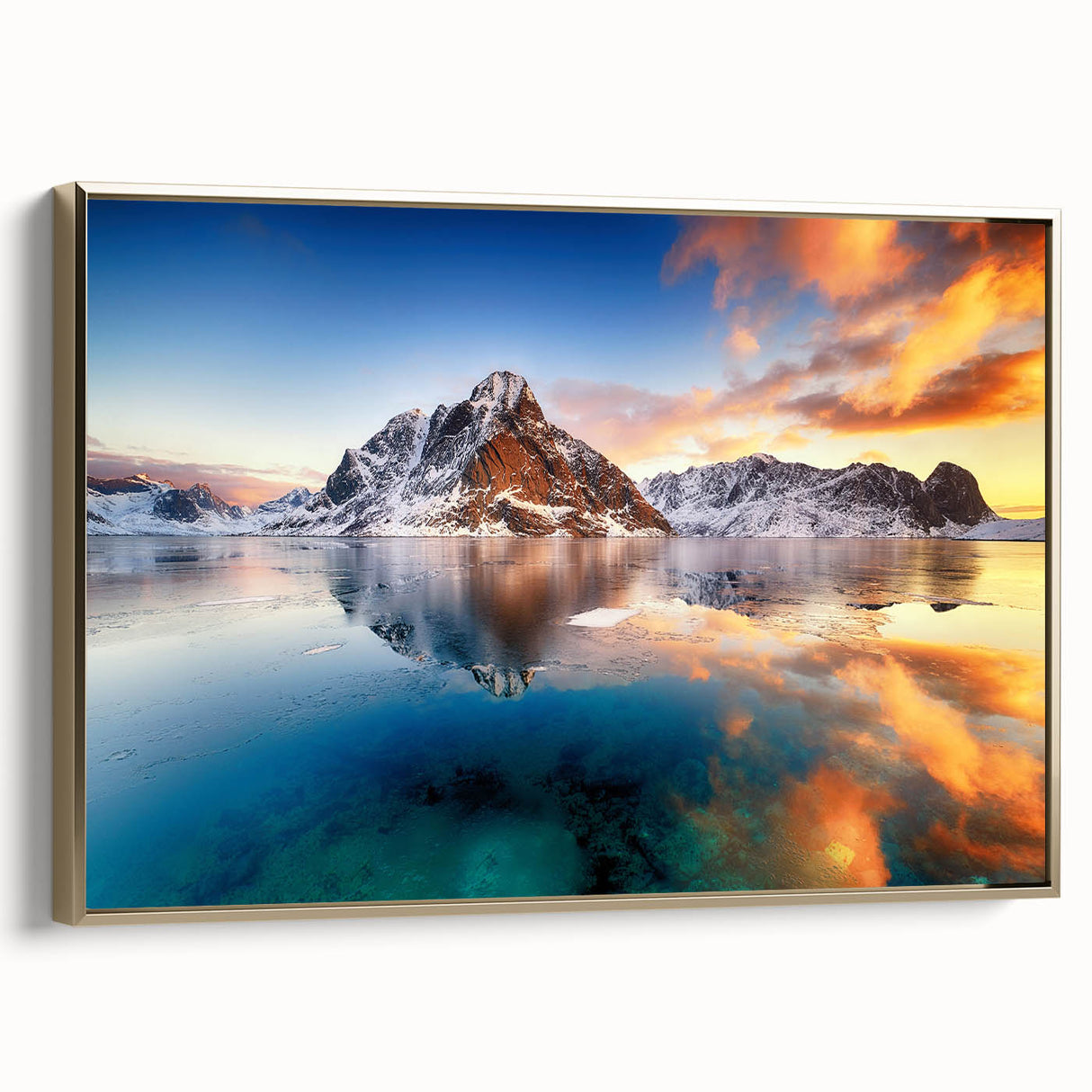 Framed canvas featuring a vintage-style landscape painting of a Norwegian scenery in muted earth tones.