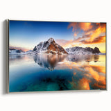 Framed canvas depicting a vintage-style Norwegian landscape in vibrant colors, ideal for enhancing living room decor.