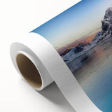 Art deco poster of a serene Norway landscape in soft blue and gray tones on rolled canvas, ideal for nursery wall art.