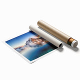 Extra large rolled print of a serene Norwegian landscape, featuring muted green and blue tones.