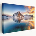 Panoramic view of a Norwegian fjord on stretched canvas, featuring muted blue and green tones, ideal for kitchen wall art.