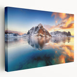 Panoramic view of a Norwegian fjord on stretched canvas, featuring muted blue and green tones, ideal for kitchen wall art.